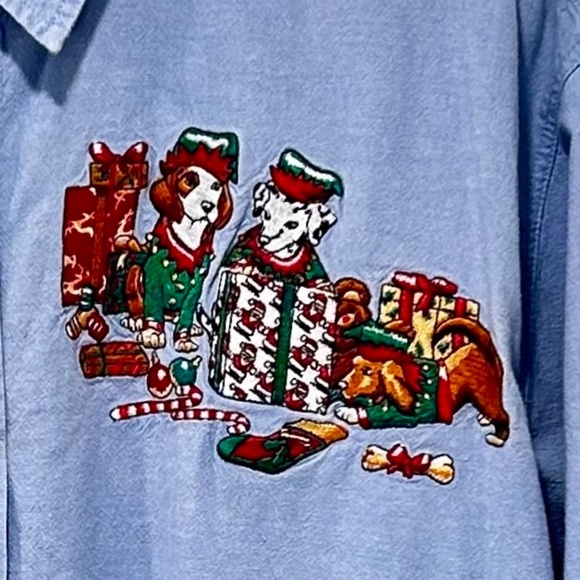 Casey Coleman - Vintage Denim Button Down Festive Holiday Dog Embroidery - L/XL - Picture 4 of 6